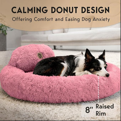 PetJett Large Dog Bed - 36'' Calming Donut Dog Beds, Anti-Slip & Washable Large Round Bed, Fluffy Faux Fur Pet Bed, Super Soft Anti-Anxiety Premium Comfort Bed, Fits Dogs up to 80 lbs - Pink