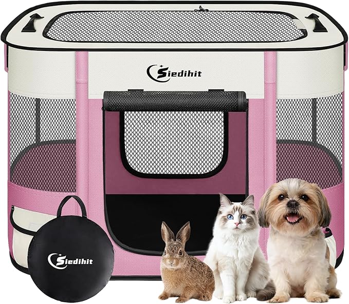 Dog Playpen,Cat Pet Puppy Pen,Portable Playpens for Dogs Indoor Outdoor Travel Camping Use,Foldable Dog Kennel Tent Crate for Rabbit Small Animals with Carrying Case (Pink, Small)