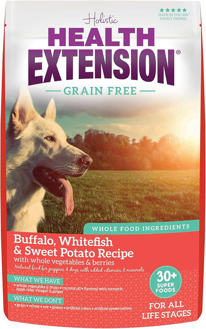 Health Extension Grain Free Buffalo & Whitefish Dry Dog Food - 30+ Superfoods and Probiotics for All Life Stages (4 lb)