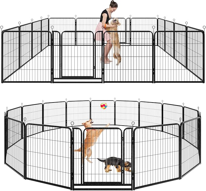 Kfvigoho Dog Playpen Outdoor Extra Wide 16 Piece Panels Heavy Duty Dog Fence 32" Height Anti-Rust with Doors Portable for RV Camping Yard, Total 42FT, 140 Sq.ft, Snowy Black