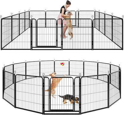Kfvigoho Dog Playpen Outdoor Extra Wide 16 Piece Panels Heavy Duty Dog Fence 32" Height Anti-Rust with Doors Portable for RV Camping Yard, Total 42FT, 140 Sq.ft, Snowy Black