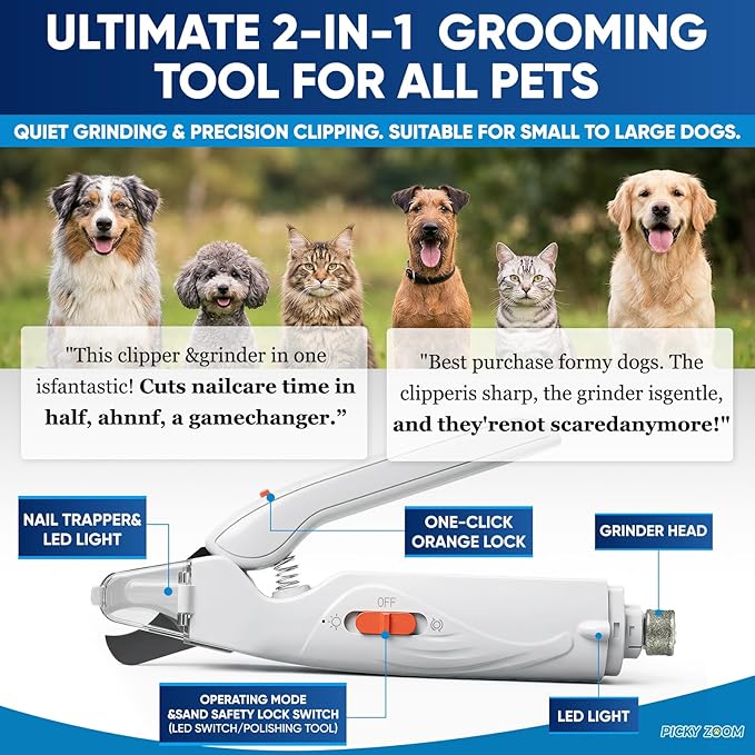 2-in-1 Dog & Cat Nail Clippers and Grinder with Light – Upgraded Safety Guard to Avoid Overcutting, Sharp Blade, Painless Quiet Pet Nail Claw Trimmers, Professional Grooming Tool for Large Small Pets