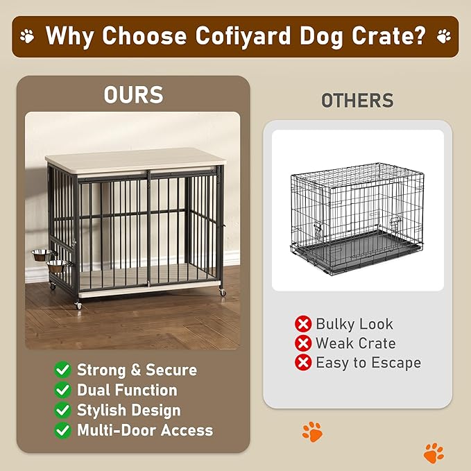 Dog Crate Furniture, 42’’ Wooden Dog Kennel Indoor with Sliding Front Door, Multi-Side Openings & Feeding Window Pet Cage House as TV Stand, End Table(Beige)