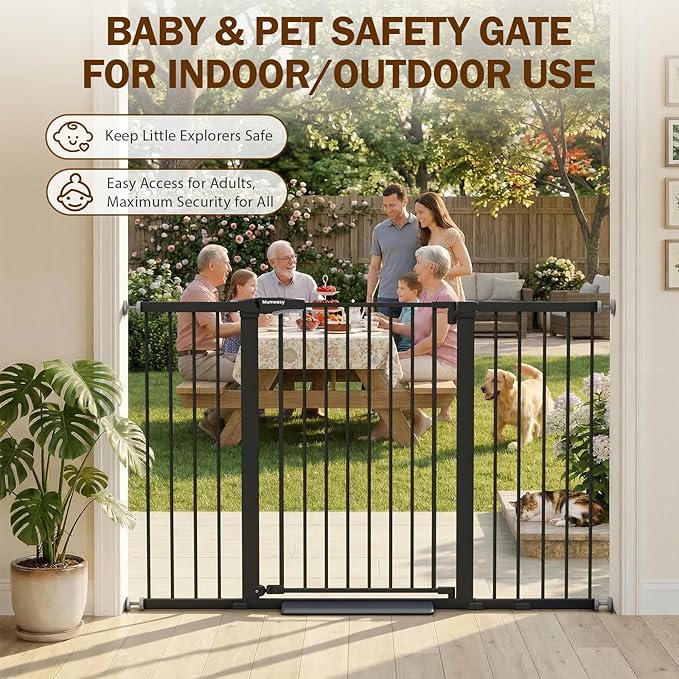 Mumeasy 29.7-57" Extra Wide Baby Gate, Auto Close Large Dog Gate for Doorways, No Drilling Pressure Mounted Pet Safety Gate for Stairs, Easy Walk Through Child Gate for Hallways, House, Indoor, Black