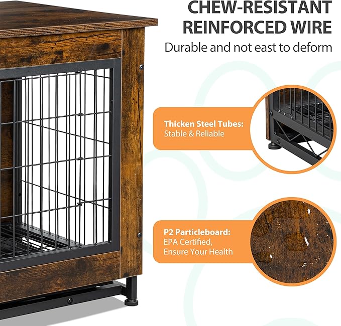 Shintenchi Dog Crate Furniture, Double-Doors Kennel Indoor with Removable Tray, End Table Dog House for Small Medium Breed, 32.5" L, Brown