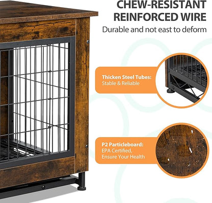 Shintenchi Dog Crate Furniture, Double-Doors Kennel Indoor with Removable Tray, End Table Dog House for Small Medium Breed, 32.5" L, Brown