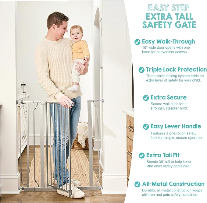 Regalo Safety 36” Extra Tall Baby Gate for Doorways & Bottom of Stairs, Pressure Mounted Baby Gate with Door for Babies, Toddlers & Pets, Tested & Safe, American Designed and Owned, Platinum