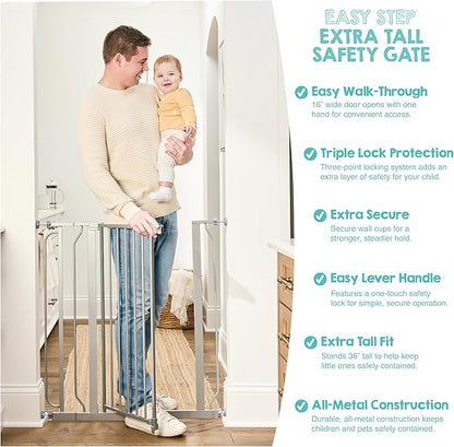 Regalo Safety 36” Extra Tall Baby Gate for Doorways & Bottom of Stairs, Pressure Mounted Baby Gate with Door for Babies, Toddlers & Pets, Tested & Safe, American Designed and Owned, Platinum