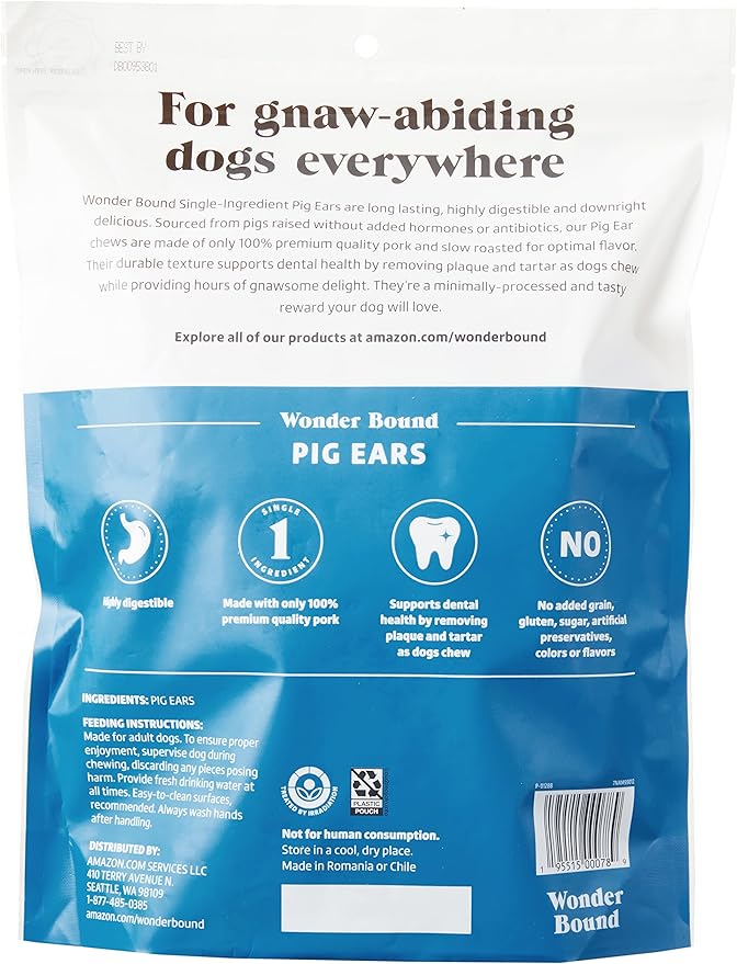 Amazon Brand – Wonder Bound Whole Pig Ears Dog Treats, Pork, 6 ounce, 6 Count (Pack of 1)