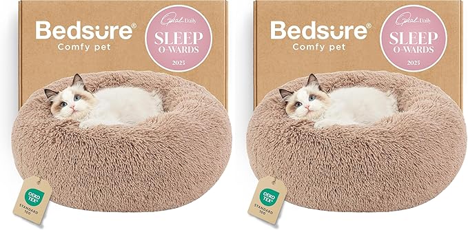 Bedsure Calming Cat Beds for Indoor Cats - Small Cat Bed Washable 20 inches, Anti-Slip Round Fluffy Plush Faux Fur Pet Bed, Fits up to 15 lbs Pets, Camel (Pack of 2)