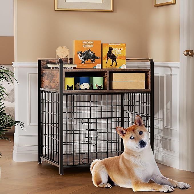 Kepptory Small Dog Crate Furniture with Drawers Storage, Puppy Dog Kennel Indoor with Double Doors, Heavy Duty Wooden Dog Cage Table, Sturdy Metal, Rustic Brown