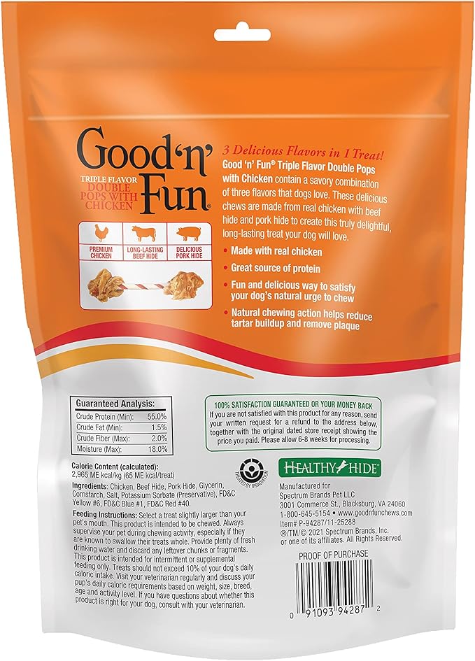 Good 'n' Fun Triple Flavor Double Pops with Chicken, Gourmet Dog Snacks, 5.5 Ounces