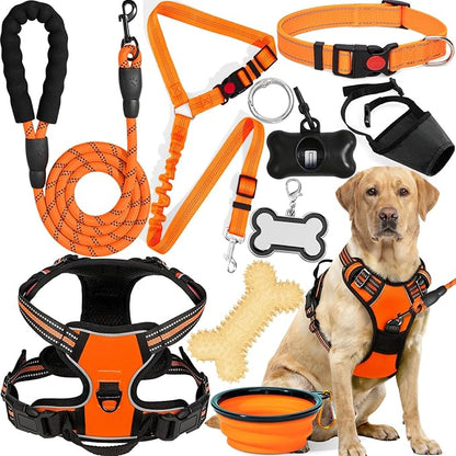 No Pull Dog Harness Adjustable Collar & Leash Set - Dog Halter Harnesses Collapsible Bowls & Poop Bag Dispenser Muzzle ID Tags Toys Fits Small Medium Large Dogs (Orange-L)