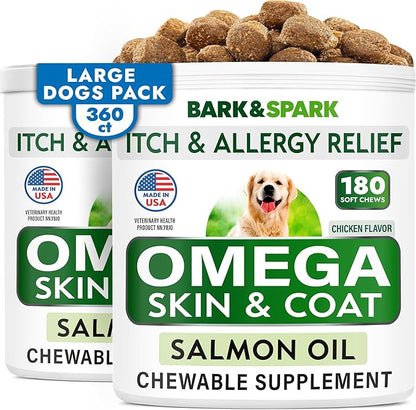 BARK&SPARK Omega 3 for Dogs - 360 Fish Oil Treats for Dog Shedding, Skin Allergy, Itch Relief, Hot Spots Treatment - Joint Health - Skin and Coat Supplement - EPA & DHA Fatty Acids - Salmon Oil