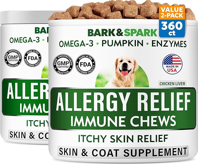 BARK&SPARK Dog Allergy Relief Soft Chews for Skin Health & Seasonal Allergies - Anti-Itch Supplement w/Omega-3, Quercetin & Bromelain Immune Treats for Dry Skin & Hot Spots - Chicken Liver - 360ct