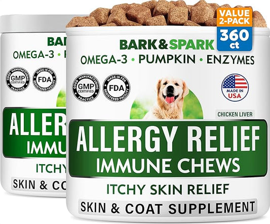 BARK&SPARK Dog Allergy Relief Soft Chews for Skin Health & Seasonal Allergies - Anti-Itch Supplement w/Omega-3, Quercetin & Bromelain Immune Treats for Dry Skin & Hot Spots - Chicken Liver - 360ct