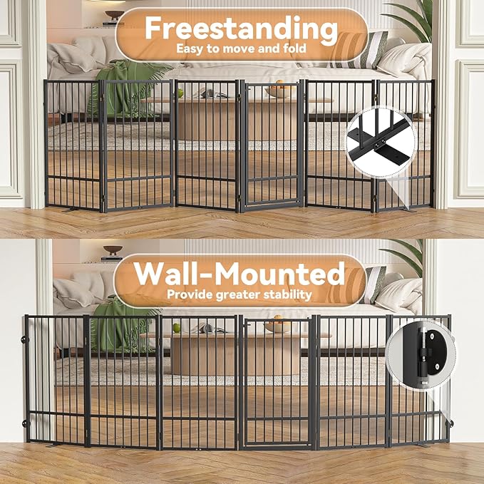 SNUOWU Full Metal Freestanding Dog Gate with Door, 32''Height Foldable Pet Dog Fence for Indoor & Outdoor, 6 Panels Extra Wide Free Standing TallDog Gates for Doorways,House,Stairs,Porch,Deck,Yard