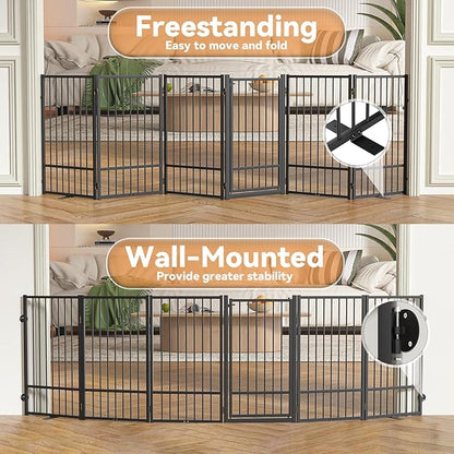 SNUOWU Full Metal Freestanding Dog Gate with Door, 32''Height Foldable Pet Dog Fence for Indoor & Outdoor, 6 Panels Extra Wide Free Standing TallDog Gates for Doorways,House,Stairs,Porch,Deck,Yard