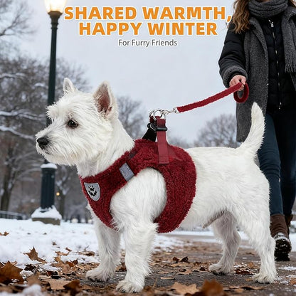 KOOLTAIL Christmas Plush Small Dog Harness and Leash Set, Warm Fleece No Pull Puppy Vest for Winter, Lightweight Reflective Step in Pet Harness for Medium Sized Dogs Boy Girl Outdoor Walking, Red S