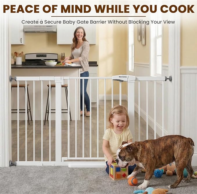 Mumeasy 29.7-57" Extra Wide Baby Gate for Doorways, Auto Close Dog Gate Indoor for Stairs, No-Drill Pressure Mounted Pet Gate with Door, Easy Walk Thru Long&Large Safety Gate for House, Outdoor, White