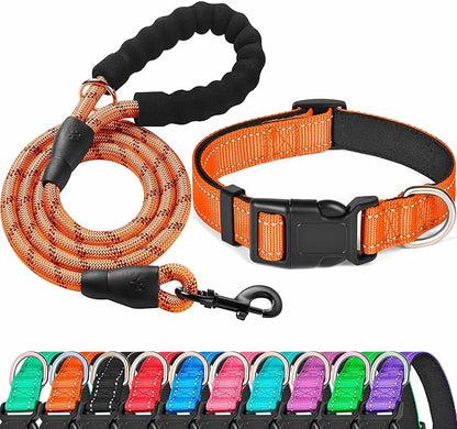 Ladoogo Reflective Dog Collar Padded with Soft Neoprene Breathable Adjustable Nylon Dog Collars for Small Medium Large Dogs (Large (Pack of 1), Orange Collar+Leash)