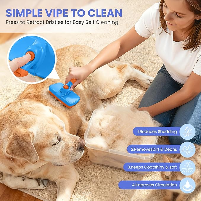 Self Cleaning Shedding Brush - 5-in-1 Professional Pet Grooming Kit Skin Friendly Grooming Tool for Dogs, Cats, and Puppies, Deshedding and Hair Removal for Long and Short Haired Pets,（Blue-Orange）