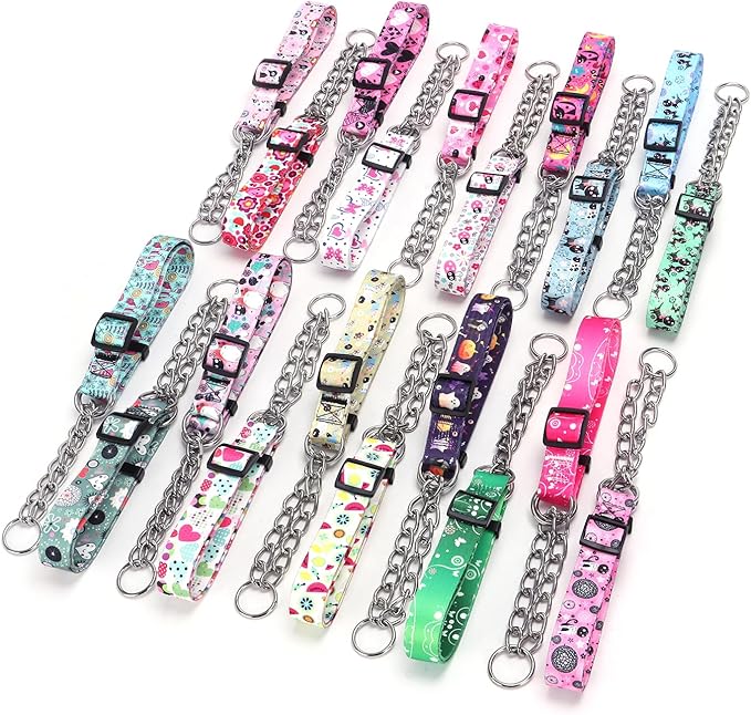 Martingale Dog Collar with Stainless Steel Chain - Limited Chain Cinch Training Collar for No Pull Training Dog - Flower Multicolor Cute Patterns - Premium No Slip Collar (HA12NO11, M)