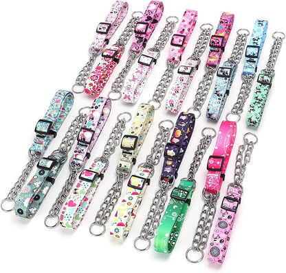 Martingale Dog Collar with Stainless Steel Chain - Limited Chain Cinch Training Collar for No Pull Training Dog - Flower Multicolor Cute Patterns - Premium No Slip Collar (HA12NO11, M)