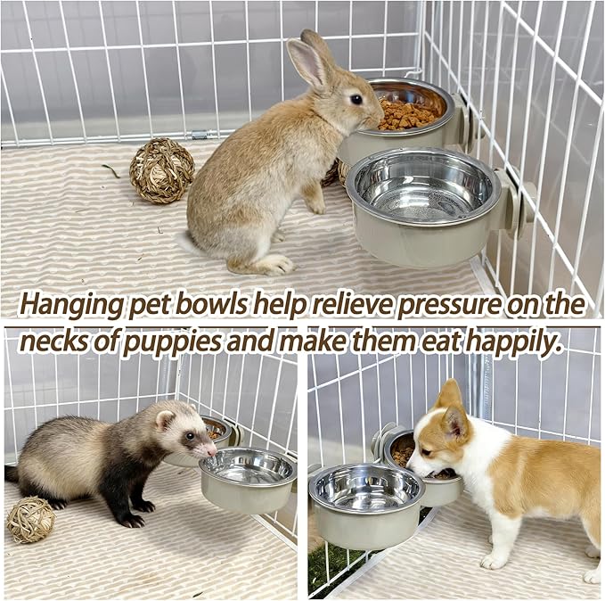 kathson Lightweight Stainless Steel Pet Bowls, Removable Crate Dog Bowl Hanging Pet Food Water Feeder Bowl, Cage Coop Cup for Puppy Cat Rabbit Ferret Birds Guinea Pigs (3pcs)