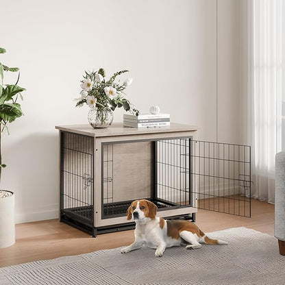 Vongrasig Dog Crate Furniture, Side End Table, Modern Wooden Kennel for Dogs Indoor, Heavy-Duty Dog Cage with Multi-Purpose Removable Tray, Double-Door Dog House, Grey