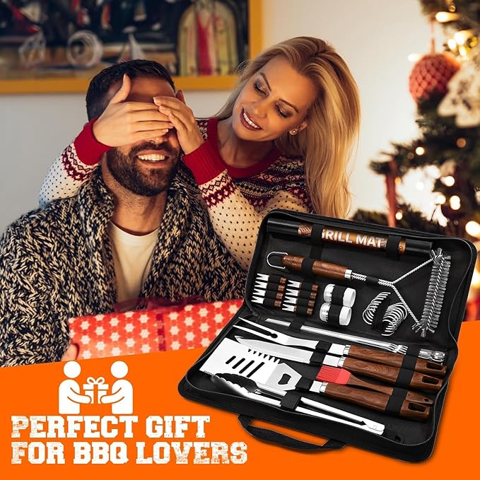 PURPLEBIRD 31PCS Grill Set for Outdoor Grill - Grilling Gift for Men & Dad, Heavy Duty Stainless BBQ Tools Kit for Camping, Grilling Utensils Set with Cleaner Brush, Thermometer, Storage Bag, BBQ Mat