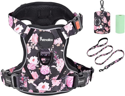 Petmolico No Pull Dog Harness Set with Leash Attachment Easy Control Handle Reflective Harness Vest Small Breed, Puppy Vest and Leash Set with Poop Bag Holder, Medium - Pink Rose