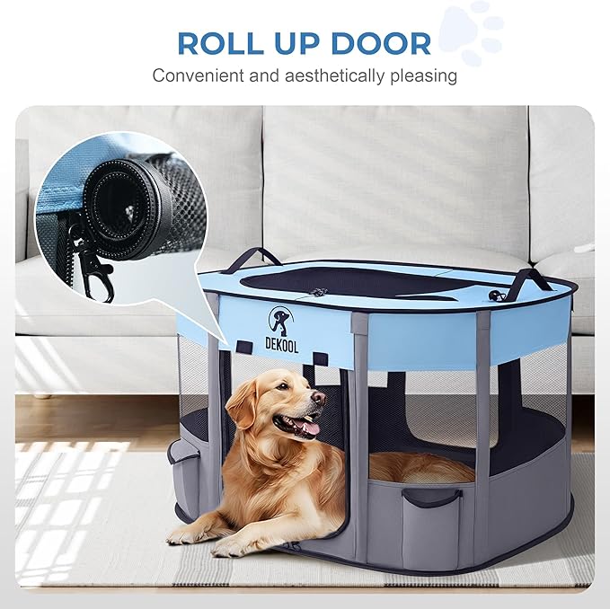 Foldable Dog Cat Playpen, Portable Dog Crate for Puppies, Cat, Puppy Play Pen for Indoors, Kennel Tent Crate for Indoor Outdoor Travel Camping Use with Carrying Case (Blue, L)