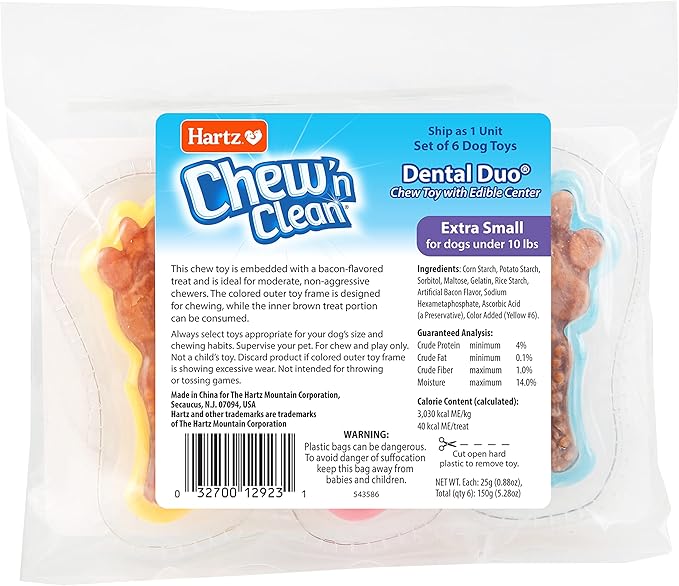 Hartz Chew 'n Clean Dental Duo Dog Treat & Chew Toy, Color Varies, Extra Small, 6 Count