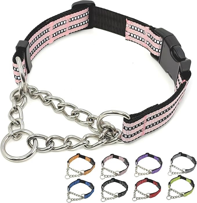 Martingale Dog Collars, Reflective Nylon Collar with Stainless Steel Chain, Adjustable Walking Training Dog Collars with Quick Release Buckle, Suitable for Small Medium Large Dogs(Pink,XL)