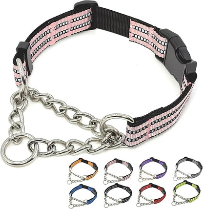 Martingale Dog Collars, Reflective Nylon Collar with Stainless Steel Chain, Adjustable Walking Training Dog Collars with Quick Release Buckle, Suitable for Small Medium Large Dogs(Pink,M)
