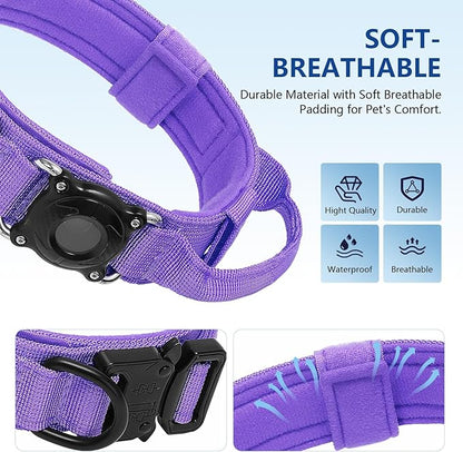 Tactical AirTag Dog Collar with Waterproof Holder(1st/2nd Generation) | Military-Grade Adjustable Collar, Comfortable Control Handle & Metal Buckle for Medium Dogs，Smart QR ID tag (Purple, M)