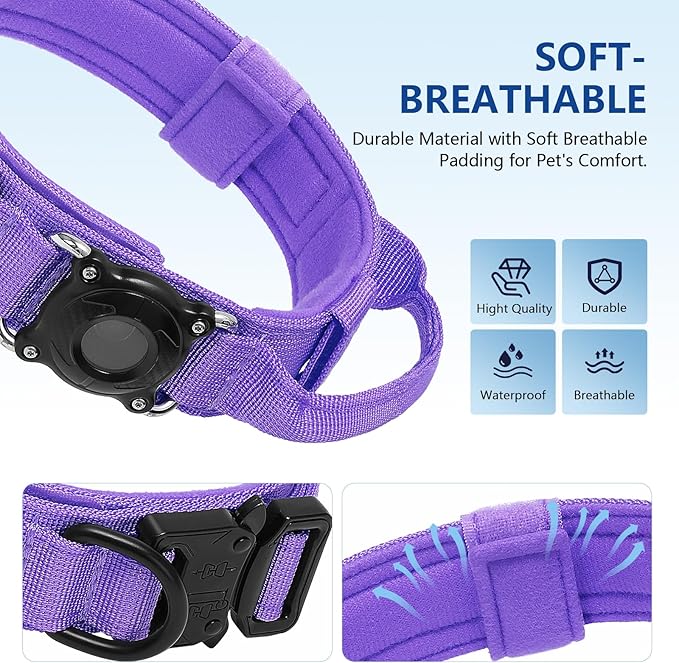 Waterproof AirTag 2nd 2026 & AirTags 1st 2021 Dog Collar - Tactical Military Collar with Secure Hard PC Holder & Comfort Handle for Medium Large Dogs,Smart ID tag (Purple, L)