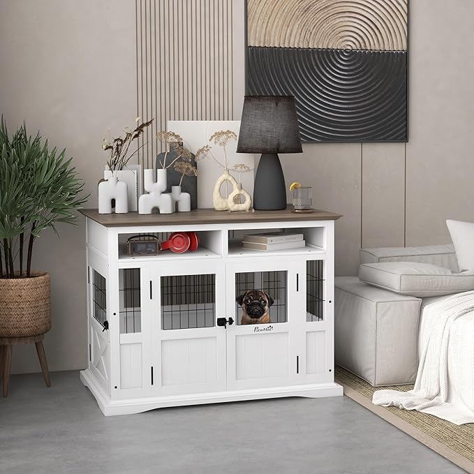 PawHut Dog Crate Furniture Side End Table with Storage, 41" Modern Wooden Dog Kennel Furniture with Double Doors for Small and Medium Dogs, White