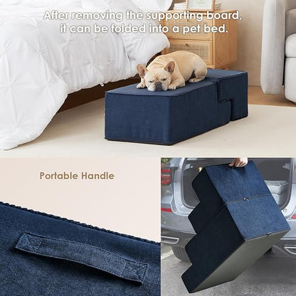EHEYCIGA Dog Stairs for Bed 20" H, 4-Step Extra Wide Dog Steps for High Bed, Pet Steps for Small Dogs and Cats, Non-Slip Balanced Pet Ramp Indoor, Navy Blue