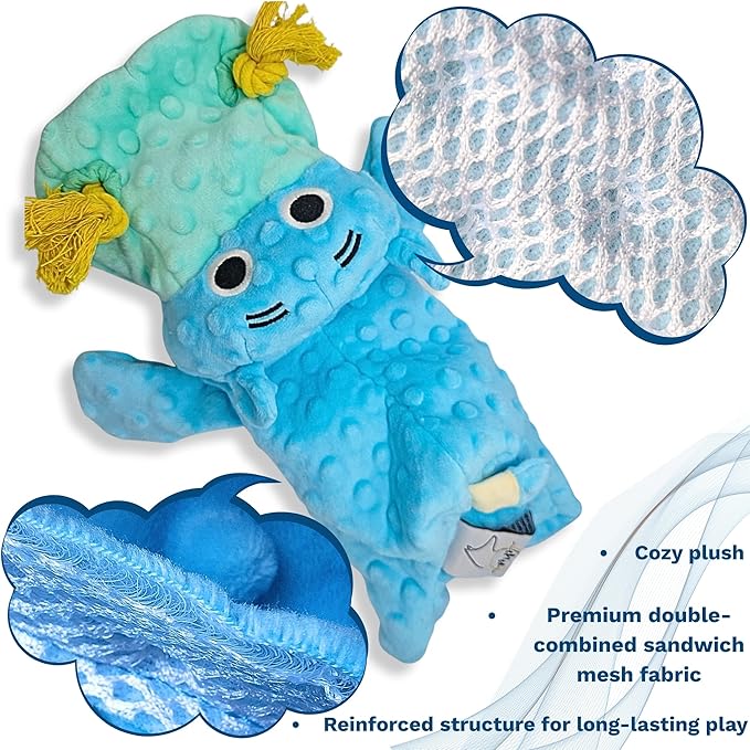 4 in 1 Squeaky Dog Toy-No Stuffing Dog Toy with Ropes,Squeaker & Surprise play item inside for Small Medium Large Breed-Dog Tug Toy,Dog Chew Toy for Cuddling& Playing,Soft Blue Plush Hippo in Gift Box