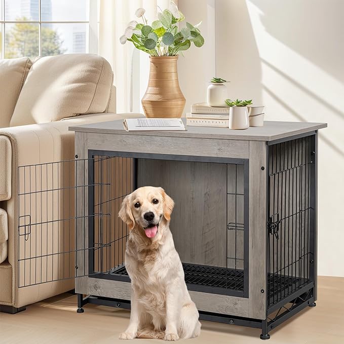 Shintenchi Wooden Dog Crate Furniture for Large Breed, L Double-Door Kennel Indoor with Removable Tray, End Table L Dog Crate for Decoration, 44.1" L, Gray