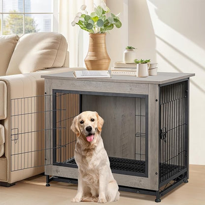 Shintenchi Wooden Dog Crate Furniture for Large Breed, L Double-Door Kennel Indoor with Removable Tray, End Table L Dog Crate for Decoration, 44.1" L, Gray