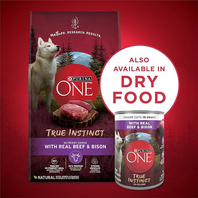 Purina ONE High Protein Wet Dog Food True Instinct Tender Cuts in Dog Food Gravy with Real Beef and Bison - 13 oz. Cans,(Pack of 24)