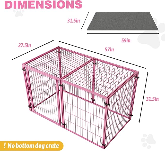 XPIY Large Dog Crate – 57 Inch Metal Kennel for Medium and Small Dogs, Safe Indoor & Outdoor XL Big Puppy Bottomless Cage with Comfort Mat, Pet Playpen Yard, Dog Fence Playpen (Pink)