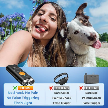 Dog Bark Deterrent Device, Anti Barking Device for Dogs Training Indoor Outdoor No More Bark Ultrasonic 2X Effective Emitters 50ft Range to Stop Neighbors Dog Barking Rechargeable for All Dogs