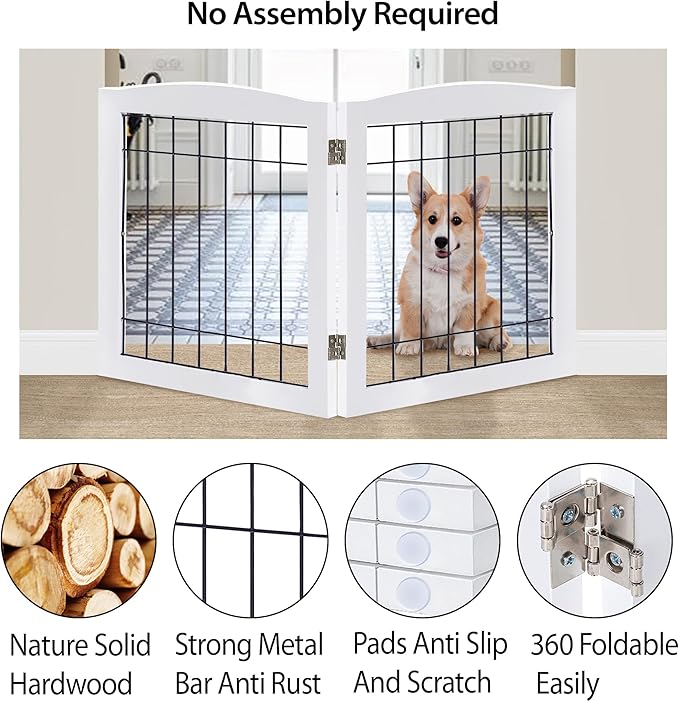 LZRS 2-Panel Freestanding Foldable Wood Dog Gate – Solid Wood & Steel Wire, Chew-Resistant Pet Barrier for Indoor Use, Ideal for Small to Medium Dogs, White