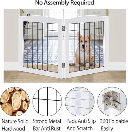 LZRS 2-Panel Freestanding Foldable Wood Dog Gate – Solid Wood & Steel Wire, Chew-Resistant Pet Barrier for Indoor Use, Ideal for Small to Medium Dogs, White