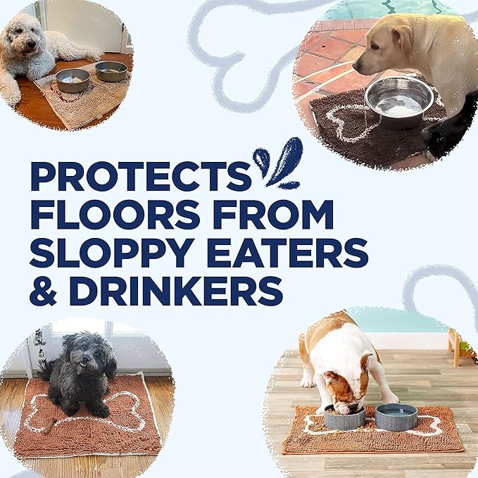 Soggy Doggy Slopmat Dog Food Mat – Absorbent Microfiber Chenille Pet Feeding Mat for Food & Water Bowls, Muddy Paws Small Doormat, Non-Slip, Machine Washable Rug – Navy Blue/Oatmeal Bone, 18” x 24”