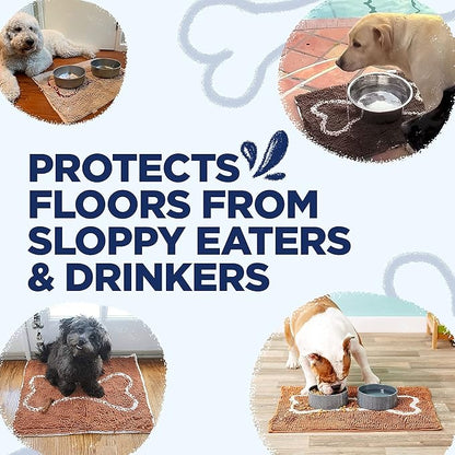 Soggy Doggy Slopmat Dog Food Mat – Absorbent Microfiber Chenille Pet Feeding Mat for Food & Water Bowls, Muddy Paws Small Doormat, Non-Slip, Machine Washable Rug – Navy Blue/Oatmeal Bone, 18” x 24”